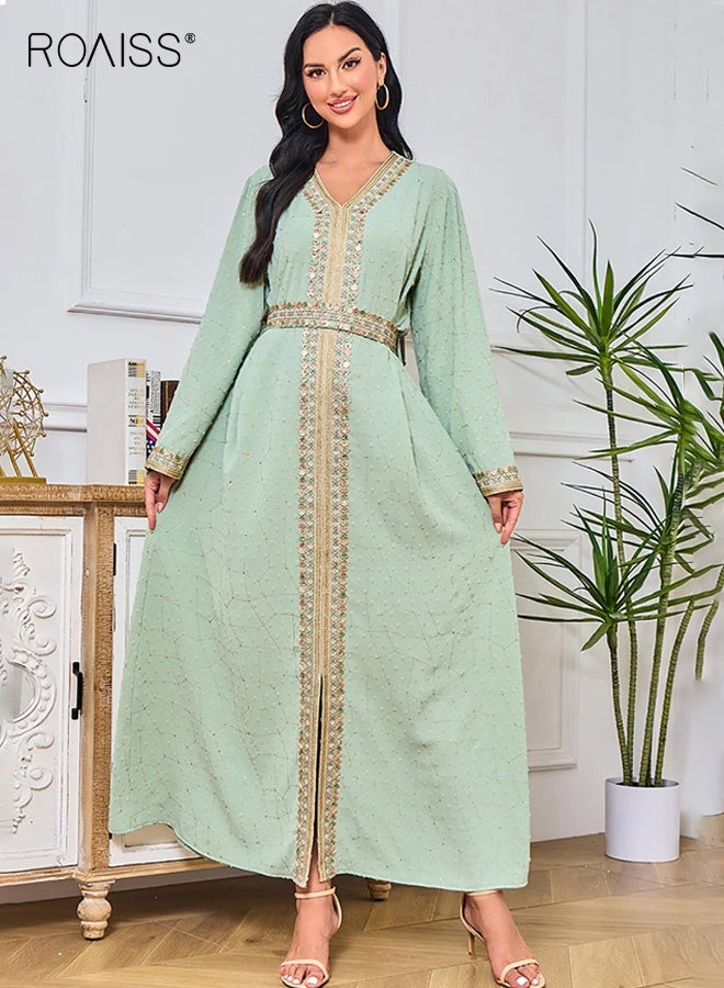 roaiss Women's V-Neck High Waist Long Sleeve Maxi Dress, Elegant Embroidered Trim A-Line Dress, Breathable Polyester Wide Sleeve Loose Dress, Boho Modest Ethnic Style Dress for Spring Vacation Holiday Festival Resort Daily Wear, Light Green - Image 2
